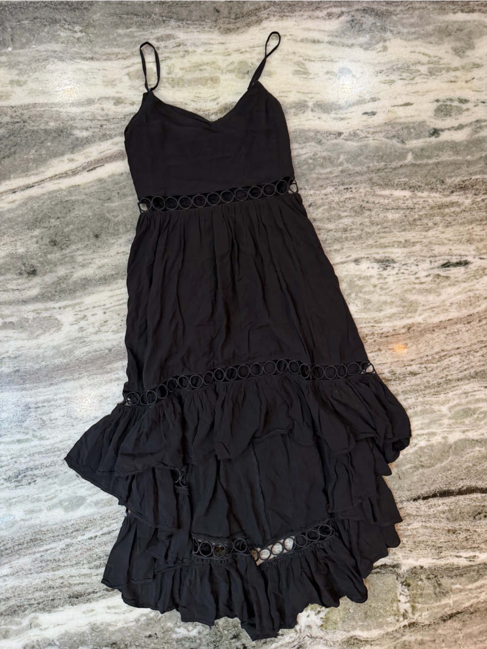 Main Strip Black High-Low Spaghetti-Strap Tiered Dress